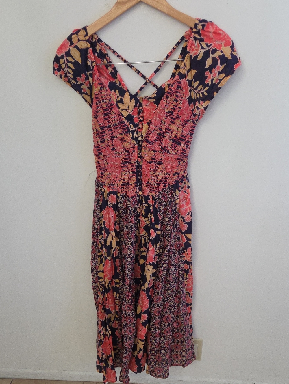 Free People Midi Floral Print Dress Smocked Bodice Button Front XS